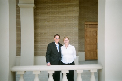 Mark Kellogg and girlfriend, Laura, in front of the church where Mark is the organist.